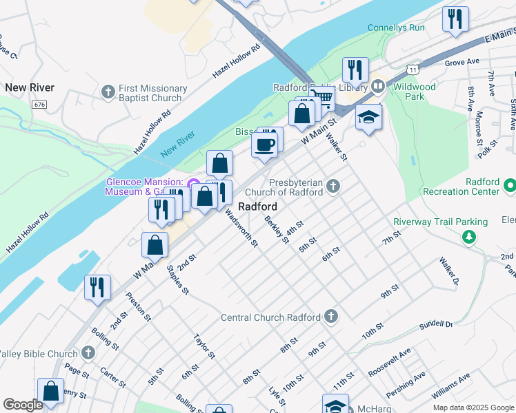 map of restaurants, bars, coffee shops, grocery stores, and more near in Radford