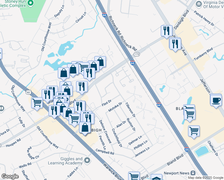 map of restaurants, bars, coffee shops, grocery stores, and more near 138 John Rolfe Drive in Newport News