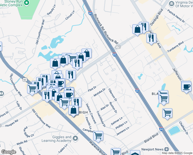 map of restaurants, bars, coffee shops, grocery stores, and more near 138 John Rolfe Drive in Newport News