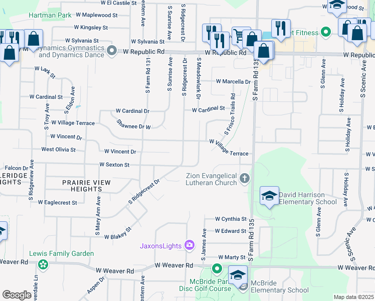 map of restaurants, bars, coffee shops, grocery stores, and more near 4526 South Ridgecrest Drive in Springfield