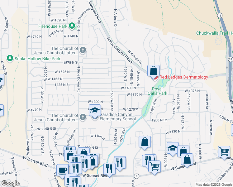 map of restaurants, bars, coffee shops, grocery stores, and more near 1373 North 1610 West in St. George
