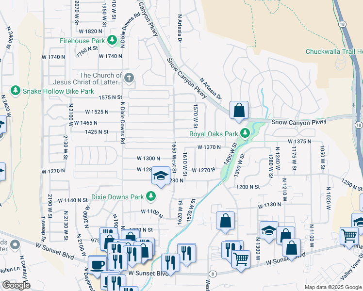 map of restaurants, bars, coffee shops, grocery stores, and more near 1373 North 1610 West in St. George