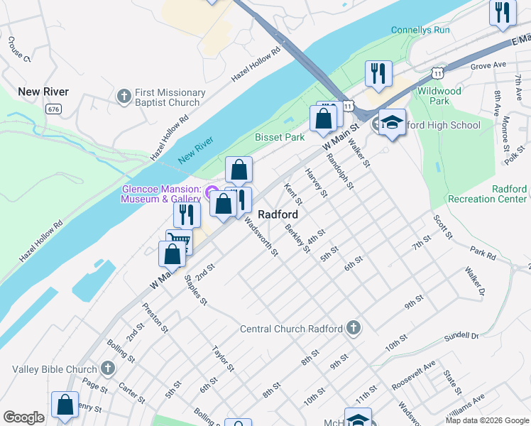 map of restaurants, bars, coffee shops, grocery stores, and more near in Radford