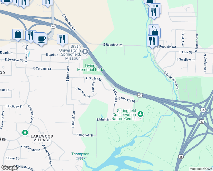 map of restaurants, bars, coffee shops, grocery stores, and more near 2611 East Old Ivy Street in Springfield