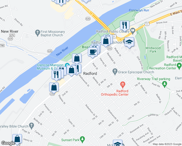 map of restaurants, bars, coffee shops, grocery stores, and more near 418 2nd Street in Radford
