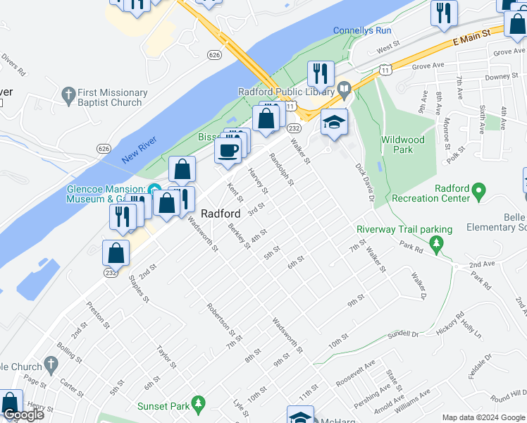 map of restaurants, bars, coffee shops, grocery stores, and more near 310 3rd Street in Radford