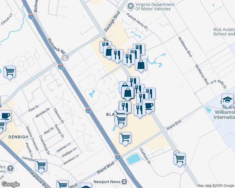 map of restaurants, bars, coffee shops, grocery stores, and more near 546 Eleanor Court in Newport News
