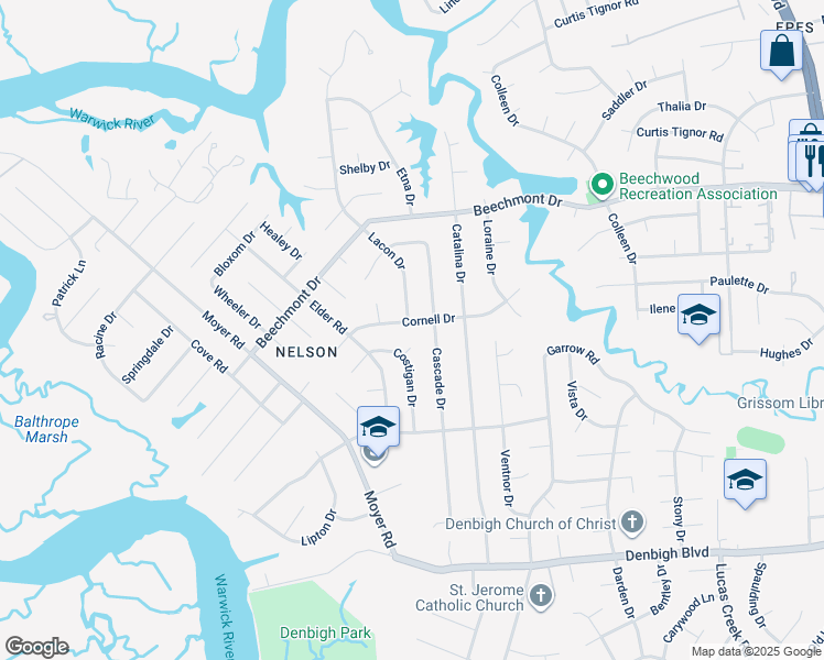 map of restaurants, bars, coffee shops, grocery stores, and more near 186 Cornell Drive in Newport News
