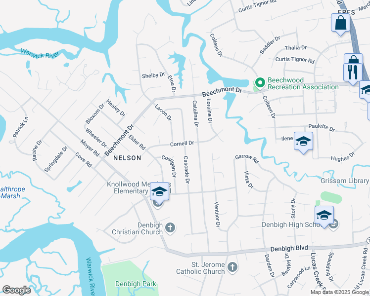 map of restaurants, bars, coffee shops, grocery stores, and more near Cascade Drive in Newport News