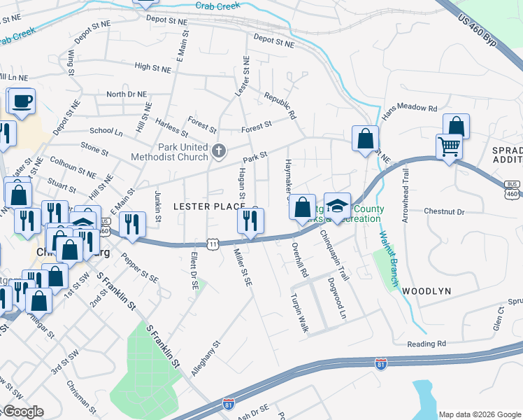 map of restaurants, bars, coffee shops, grocery stores, and more near 210 Economy St in Christiansburg