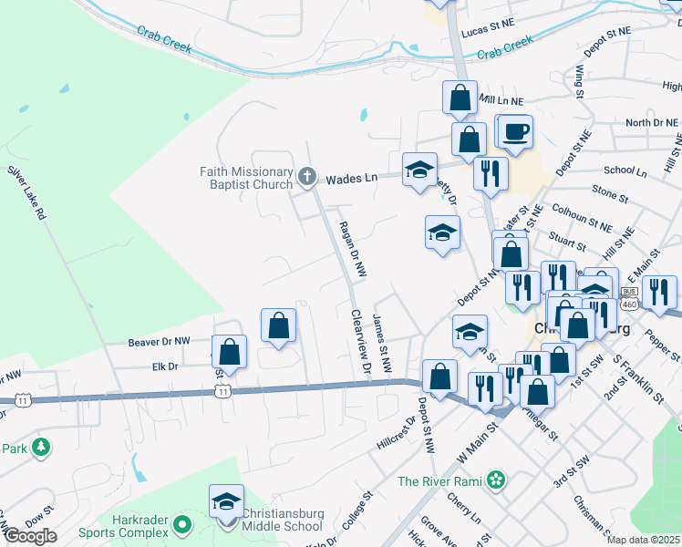 map of restaurants, bars, coffee shops, grocery stores, and more near 530 Kamran Drive NorthWest in Christiansburg