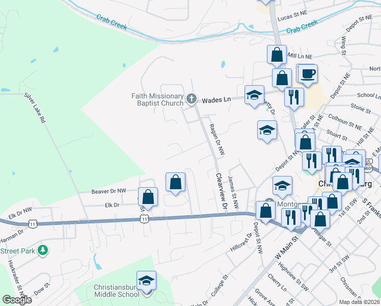 map of restaurants, bars, coffee shops, grocery stores, and more near 315 Warren Street in Christiansburg