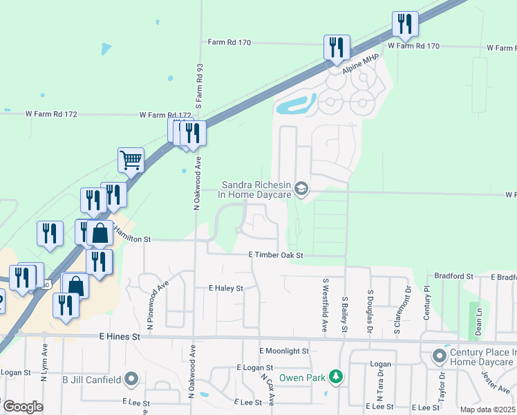 map of restaurants, bars, coffee shops, grocery stores, and more near 1044 North Oxford Drive in Republic