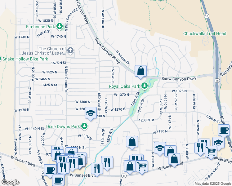 map of restaurants, bars, coffee shops, grocery stores, and more near 1548 West 1370 North in St. George