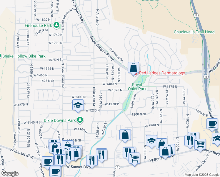 map of restaurants, bars, coffee shops, grocery stores, and more near 1548 West 1370 North in St. George