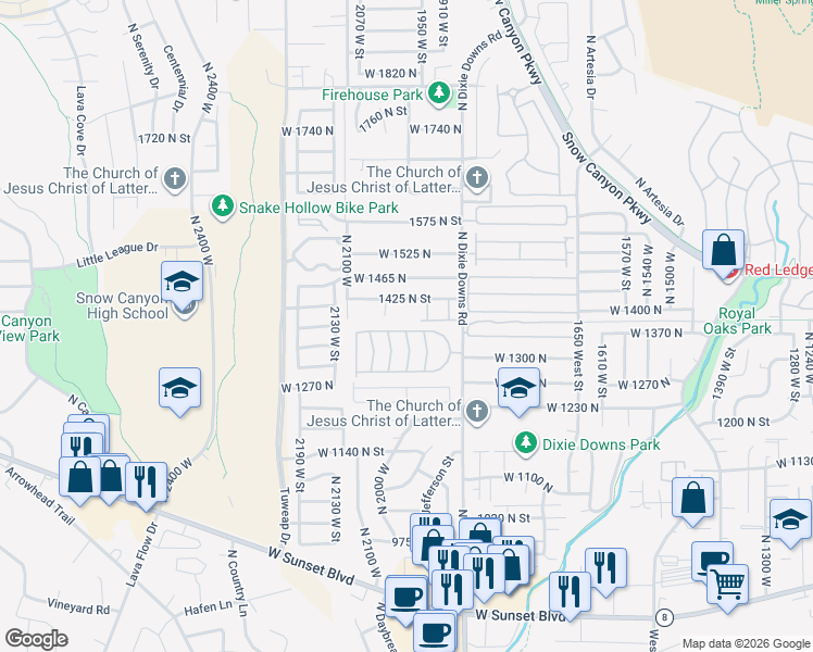 map of restaurants, bars, coffee shops, grocery stores, and more near 1406 North 2020 West in St. George