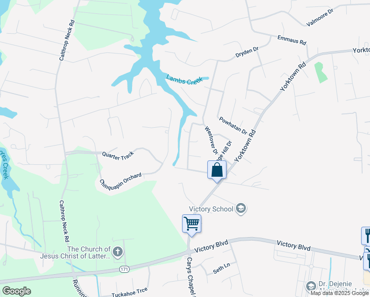 map of restaurants, bars, coffee shops, grocery stores, and more near 35 Carriage Hill Drive in Poquoson