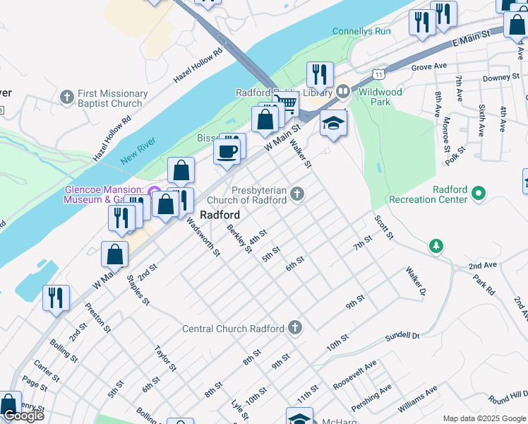 map of restaurants, bars, coffee shops, grocery stores, and more near 310 3rd Street in Radford