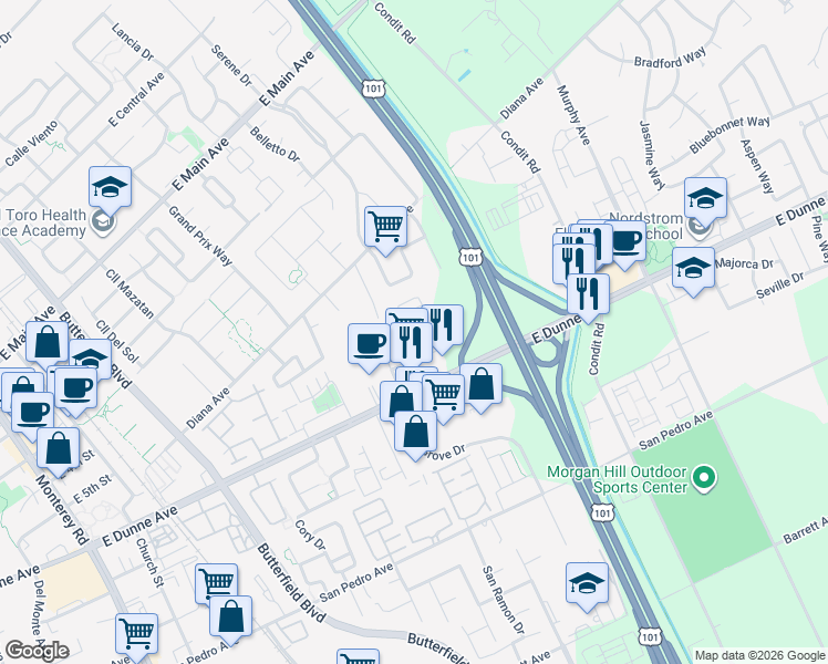map of restaurants, bars, coffee shops, grocery stores, and more near 802 Saint Rufina Lane in Morgan Hill