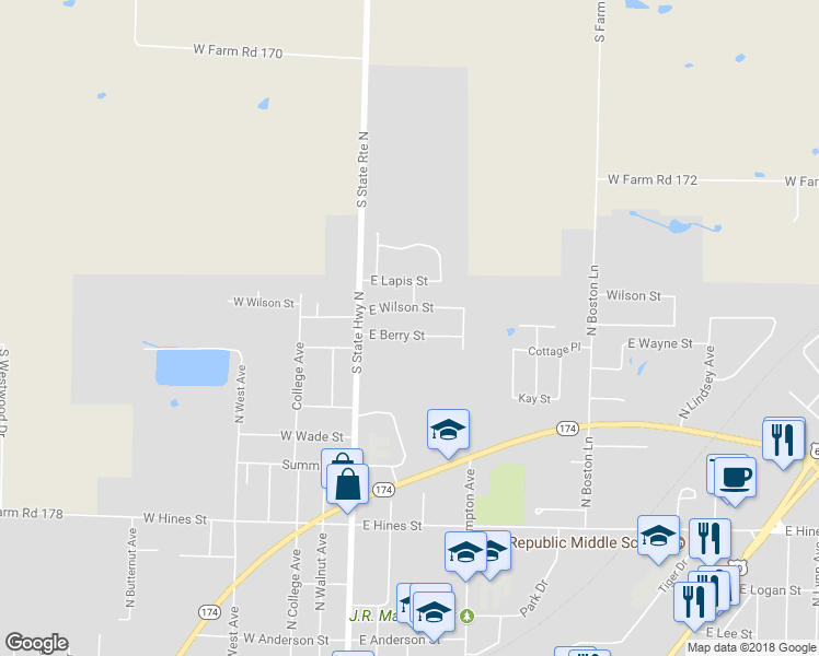 map of restaurants, bars, coffee shops, grocery stores, and more near 201 East Berry Street in Republic