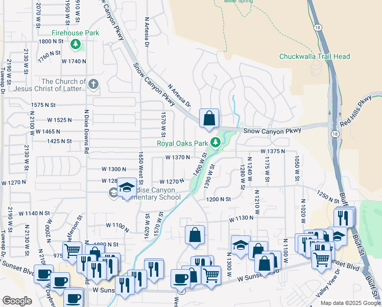 map of restaurants, bars, coffee shops, grocery stores, and more near 1470 West 1370 North in St. George