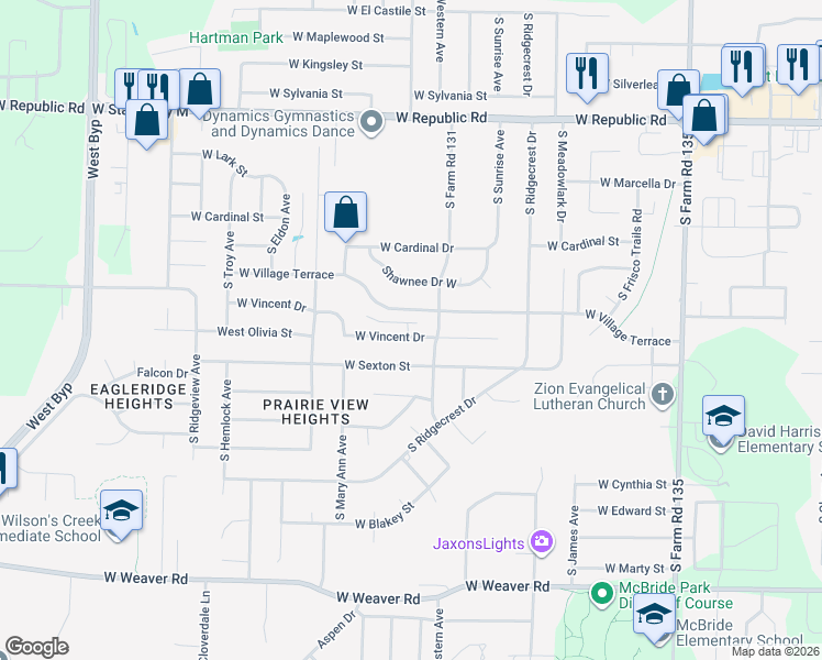 map of restaurants, bars, coffee shops, grocery stores, and more near 3528 West Village Terrace in Springfield