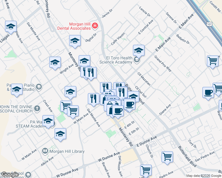 map of restaurants, bars, coffee shops, grocery stores, and more near 135 East Main Avenue in Morgan Hill