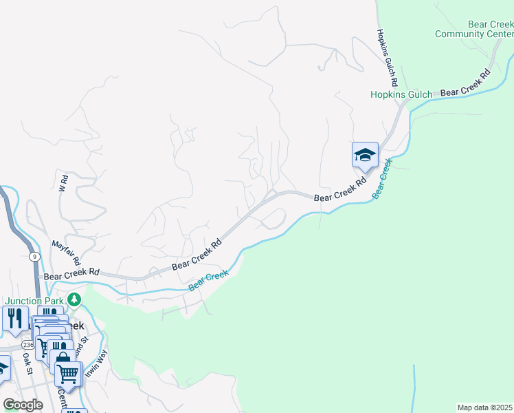 map of restaurants, bars, coffee shops, grocery stores, and more near Bear Creek Road in Boulder Creek