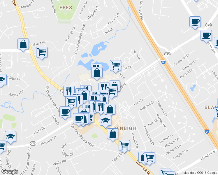map of restaurants, bars, coffee shops, grocery stores, and more near 449 Oriana Road in Newport News