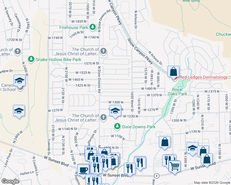 map of restaurants, bars, coffee shops, grocery stores, and more near 1450 North Dixie Downs Road in St. George