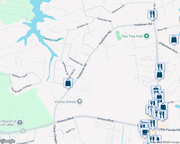 map of restaurants, bars, coffee shops, grocery stores, and more near 716 East Yorktown Road in Poquoson
