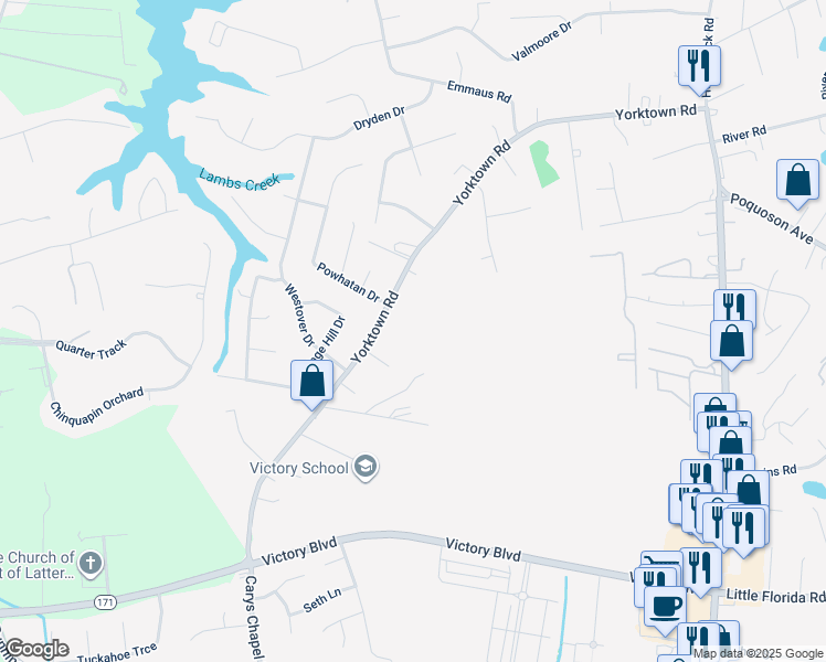 map of restaurants, bars, coffee shops, grocery stores, and more near 706 Yorktown Road in Poquoson