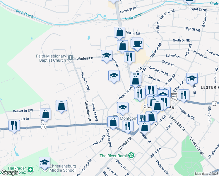 map of restaurants, bars, coffee shops, grocery stores, and more near 240 Betty Drive in Christiansburg