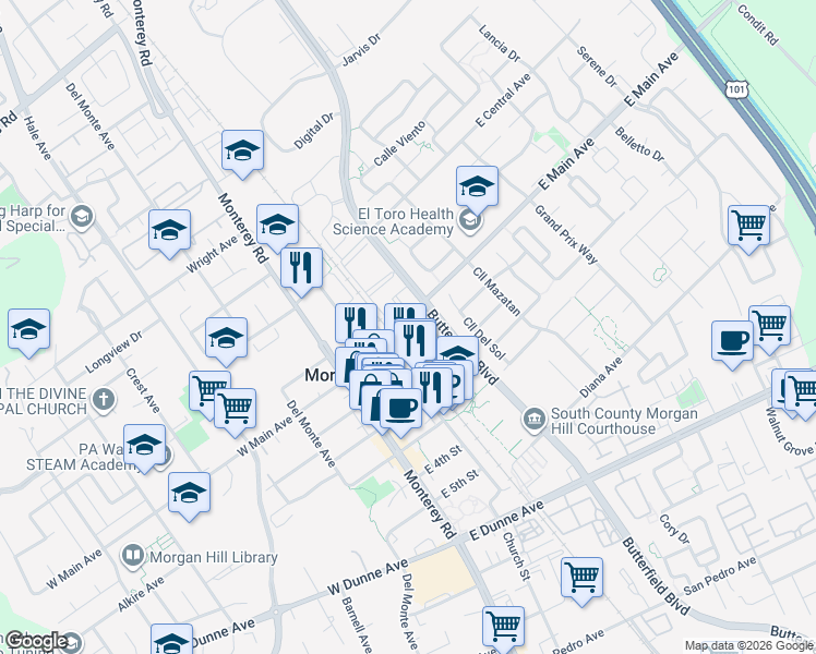 map of restaurants, bars, coffee shops, grocery stores, and more near 17525 Butterfield Boulevard in Morgan Hill