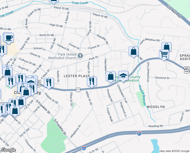 map of restaurants, bars, coffee shops, grocery stores, and more near 210 Economy St in Christiansburg
