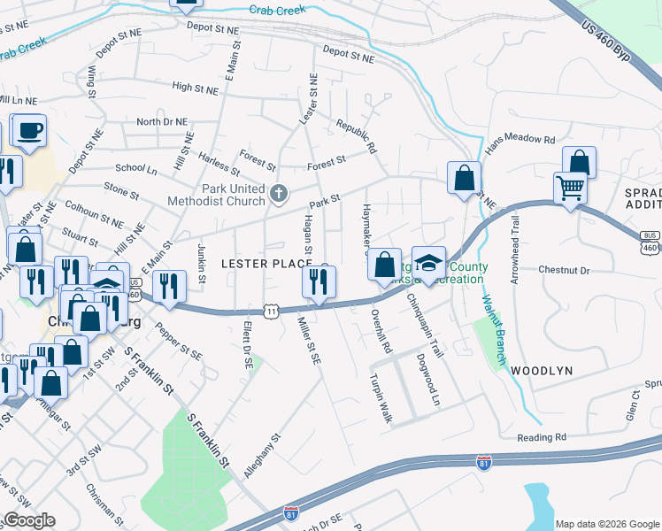map of restaurants, bars, coffee shops, grocery stores, and more near 210 Economy St in Christiansburg