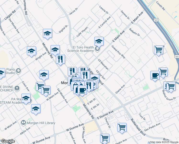 map of restaurants, bars, coffee shops, grocery stores, and more near 17525 Butterfield Boulevard in Morgan Hill