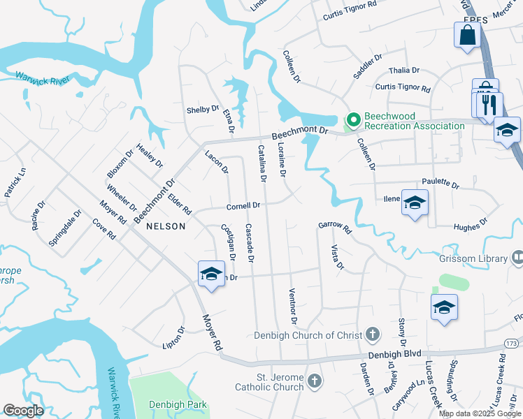 map of restaurants, bars, coffee shops, grocery stores, and more near 872 Catalina Drive in Newport News