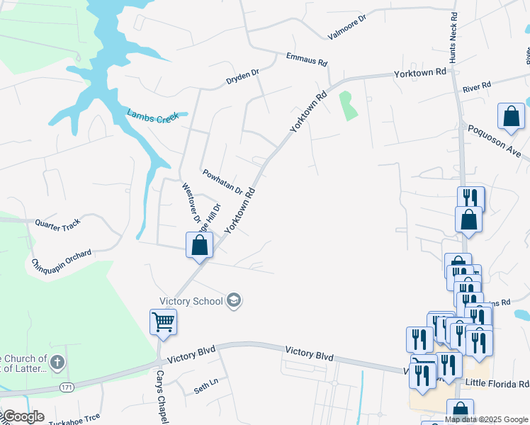 map of restaurants, bars, coffee shops, grocery stores, and more near 706 Yorktown Road in Poquoson