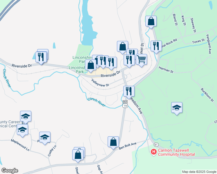map of restaurants, bars, coffee shops, grocery stores, and more near 221 Valleyview Street in Tazewell