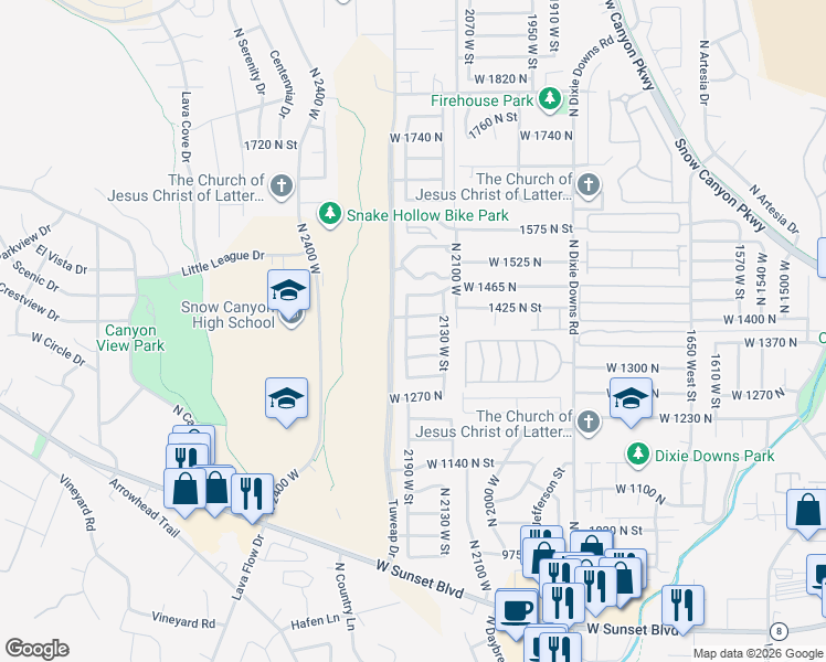 map of restaurants, bars, coffee shops, grocery stores, and more near 2196 West 1390 North in St. George