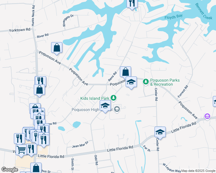 map of restaurants, bars, coffee shops, grocery stores, and more near 764 Poquoson Avenue in Poquoson