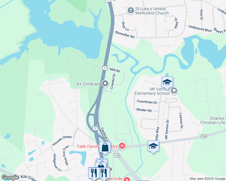 map of restaurants, bars, coffee shops, grocery stores, and more near 113 Crandol Drive in Yorktown