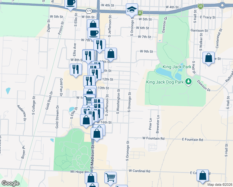 map of restaurants, bars, coffee shops, grocery stores, and more near 730 W 13th St in Webb City