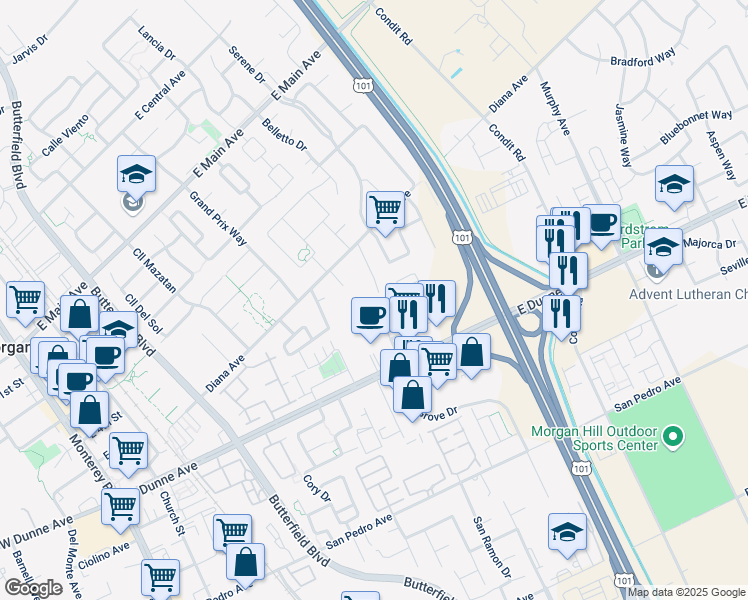 map of restaurants, bars, coffee shops, grocery stores, and more near 17245 James Lex Lane in Morgan Hill