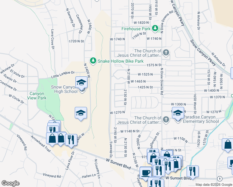 map of restaurants, bars, coffee shops, grocery stores, and more near 2153 1420 North Street in St. George