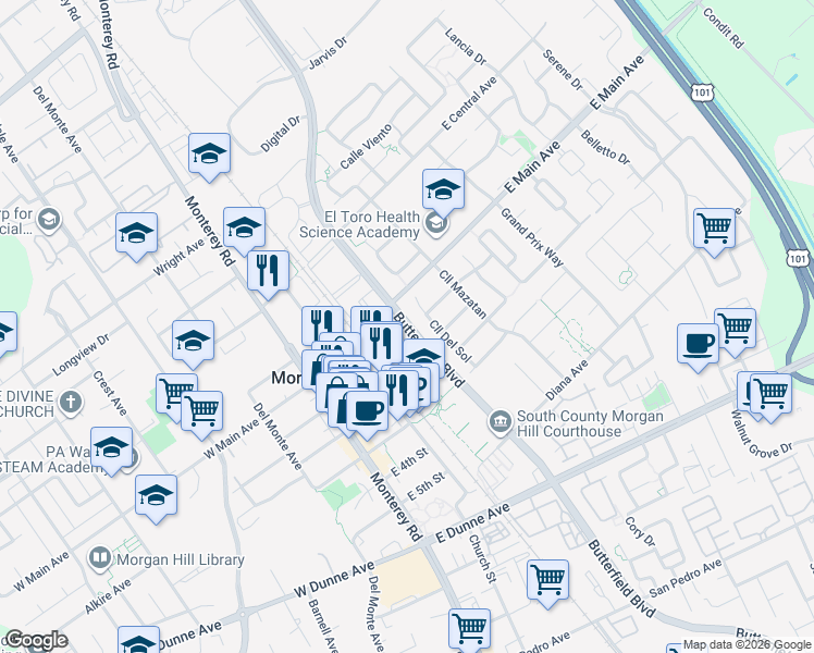 map of restaurants, bars, coffee shops, grocery stores, and more near 17525 Butterfield Boulevard in Morgan Hill