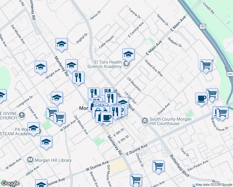 map of restaurants, bars, coffee shops, grocery stores, and more near 17525 Butterfield Boulevard in Morgan Hill