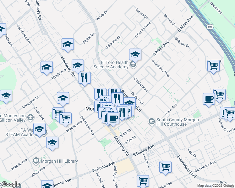 map of restaurants, bars, coffee shops, grocery stores, and more near 17525 Butterfield Boulevard in Morgan Hill
