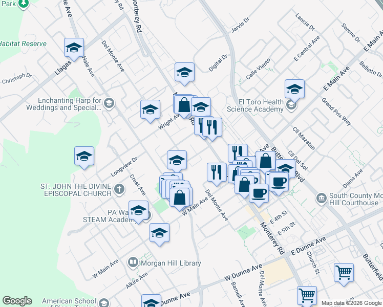 map of restaurants, bars, coffee shops, grocery stores, and more near 35 West Central Avenue in Morgan Hill